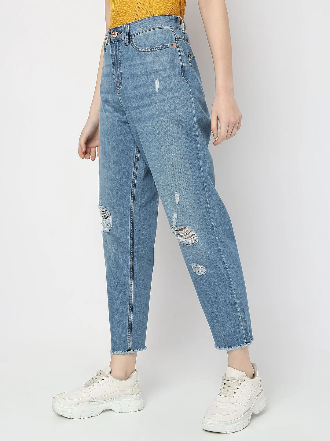 Blue High Rise Distressed Girlfriend Fit Jeans - Image 3