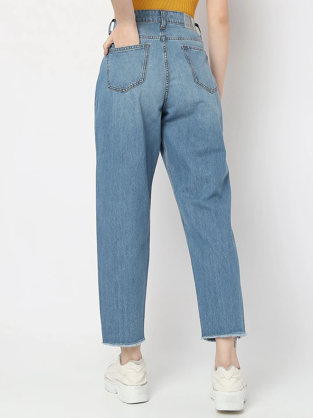 Blue High Rise Distressed Girlfriend Fit Jeans - Image 4
