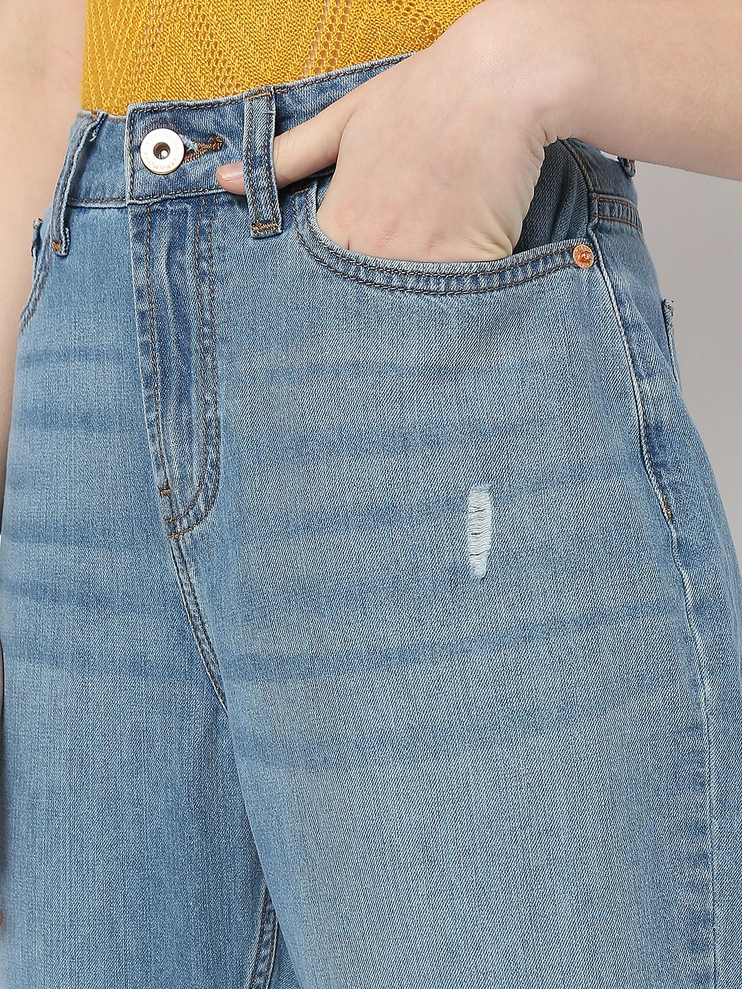 Blue High Rise Distressed Girlfriend Fit Jeans - Image 5