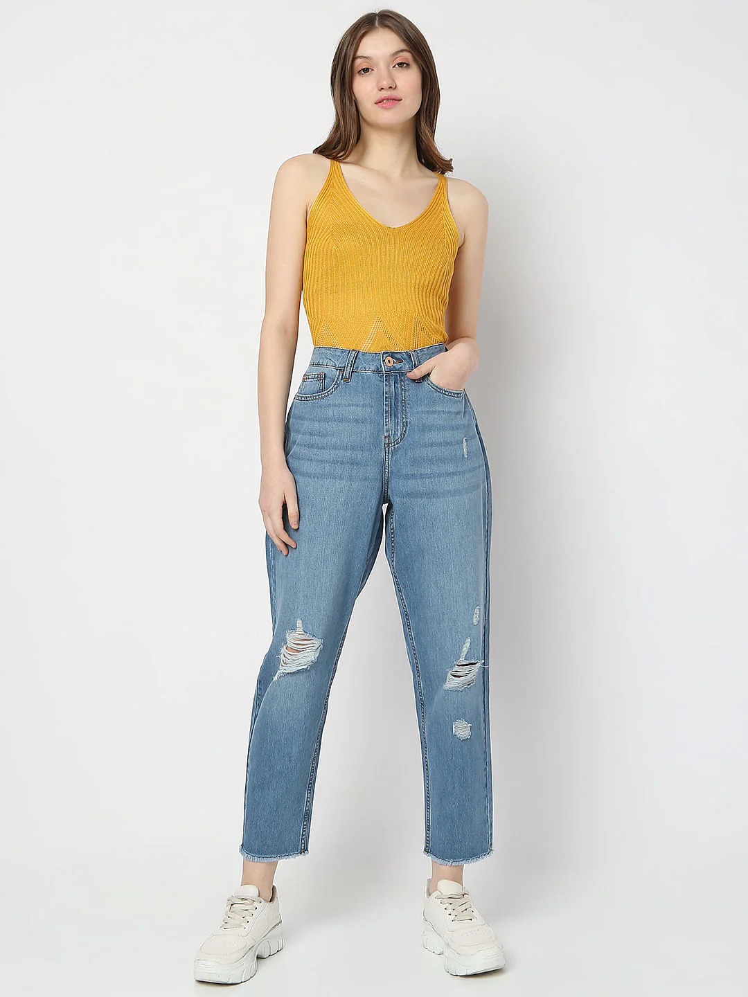 Blue High Rise Distressed Girlfriend Fit Jeans - Image 6