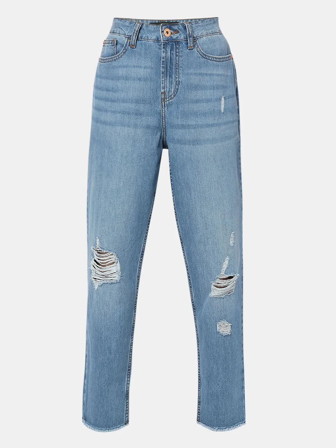 Blue High Rise Distressed Girlfriend Fit Jeans - Image 7