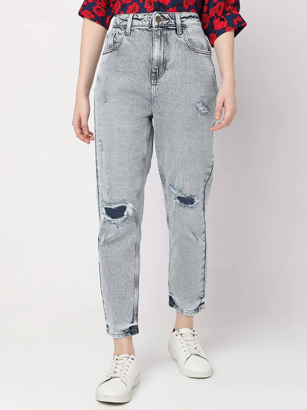 Blue High Rise Distressed Mom Fit Jeans - Image 2