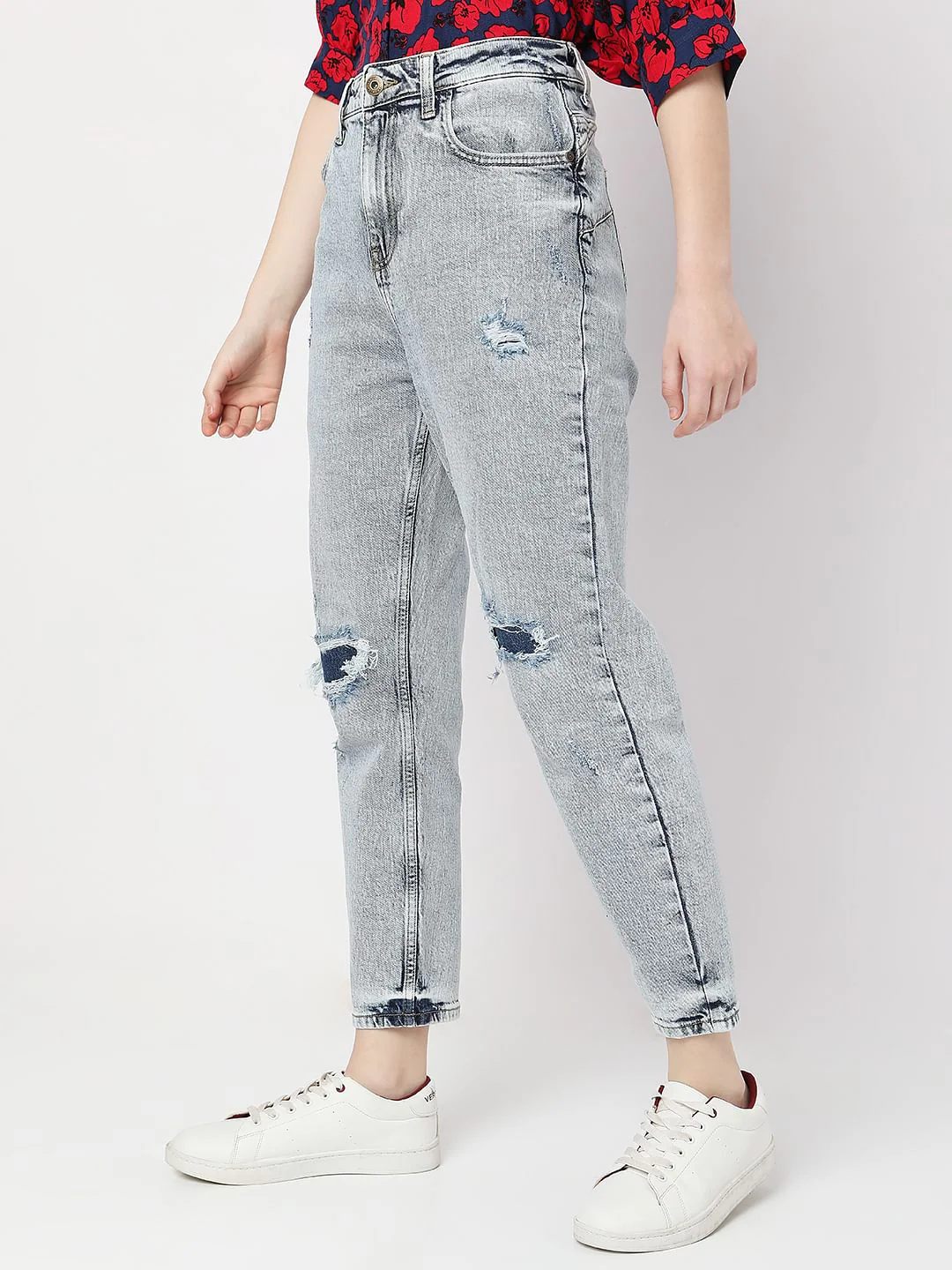 Blue High Rise Distressed Mom Fit Jeans - Image 3
