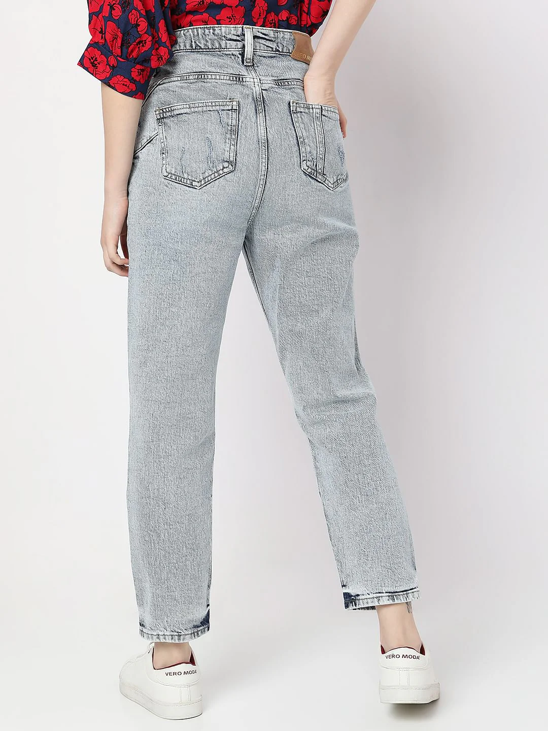 Blue High Rise Distressed Mom Fit Jeans - Image 4
