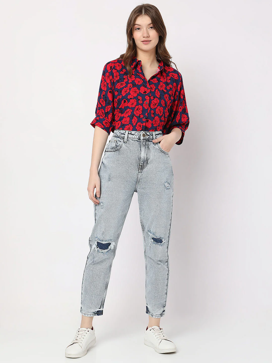 Blue High Rise Distressed Mom Fit Jeans - Image 6