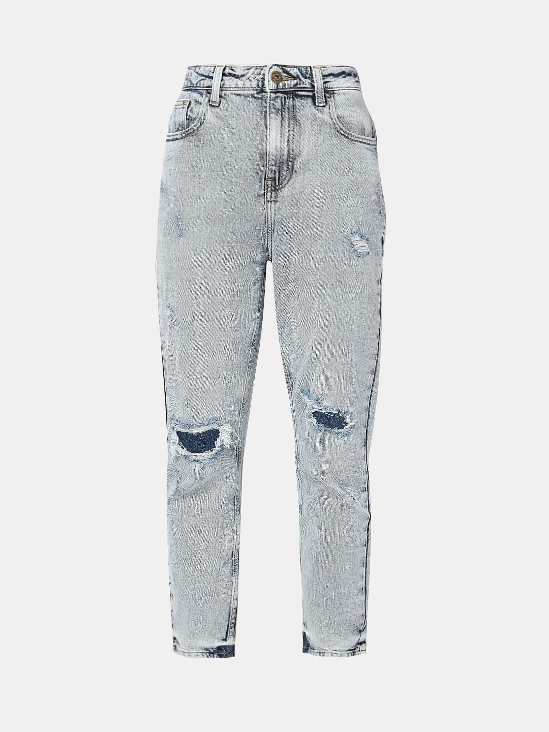 Blue High Rise Distressed Mom Fit Jeans - Image 7