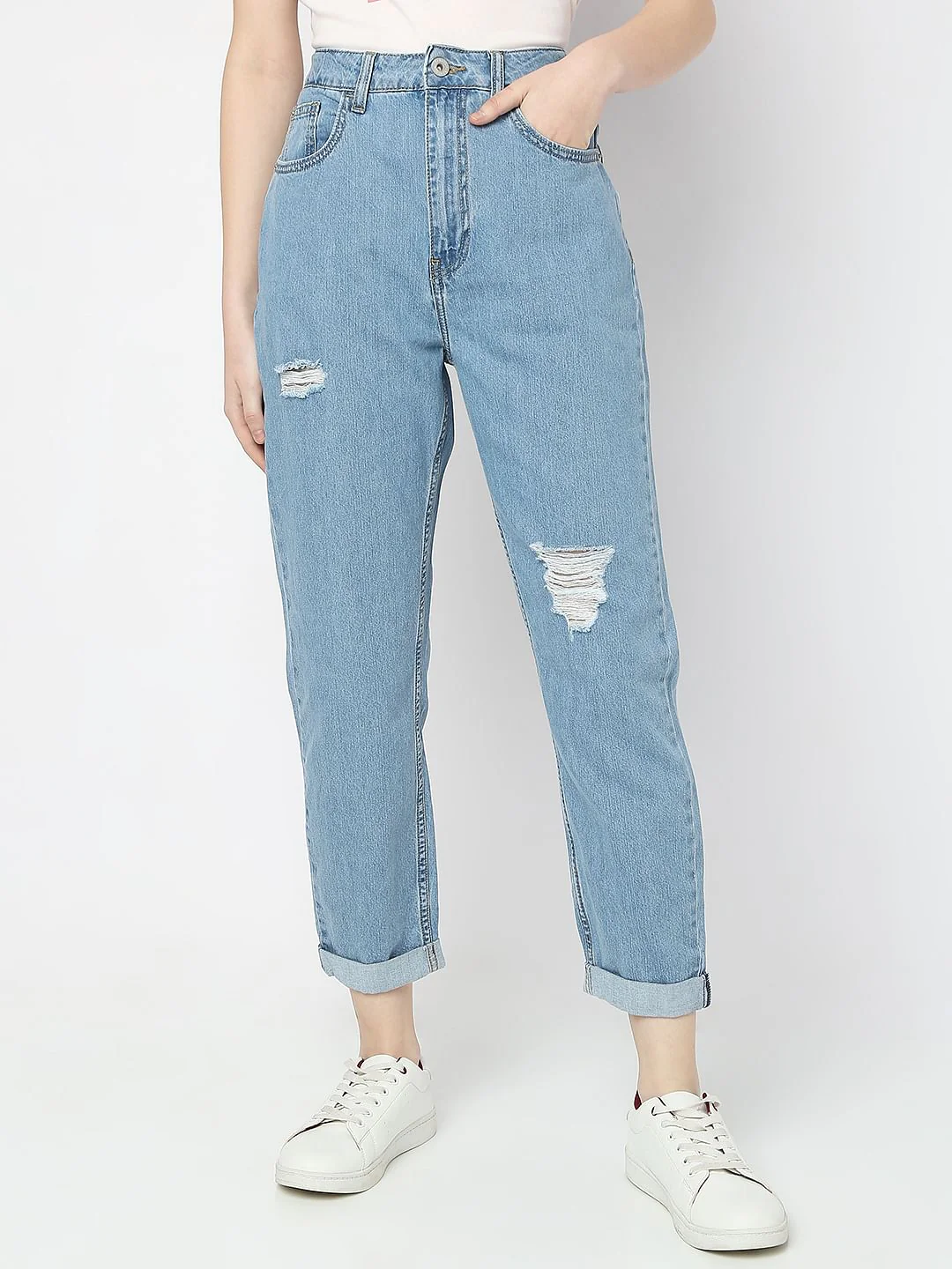 Blue High Rise Distressed Mom Fit Jeans - Image 2