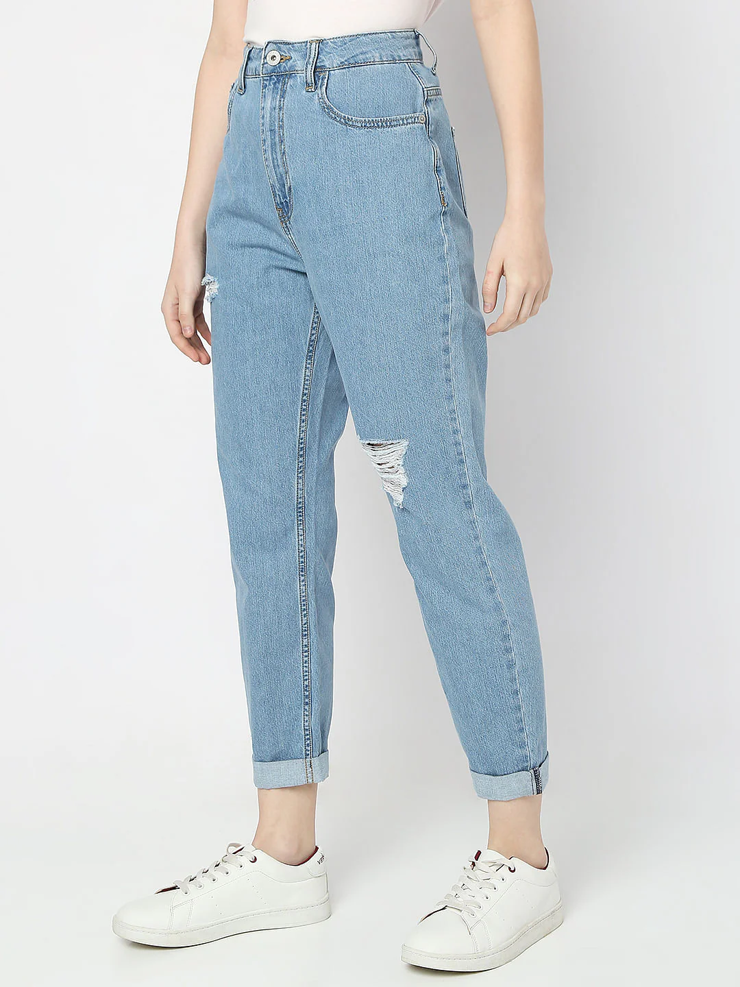 Blue High Rise Distressed Mom Fit Jeans - Image 3