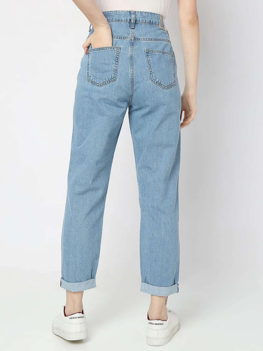 Blue High Rise Distressed Mom Fit Jeans - Image 4