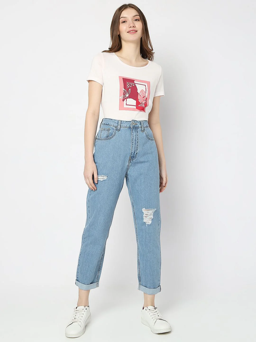 Blue High Rise Distressed Mom Fit Jeans - Image 6