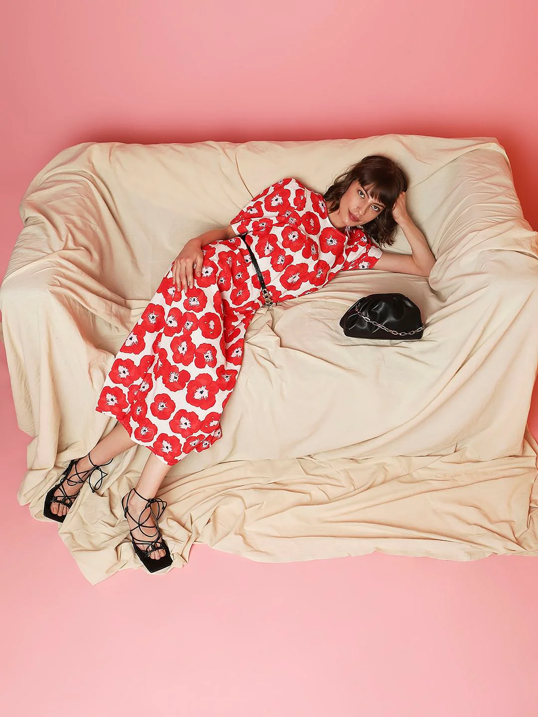 Red Floral Print Midi Dress
