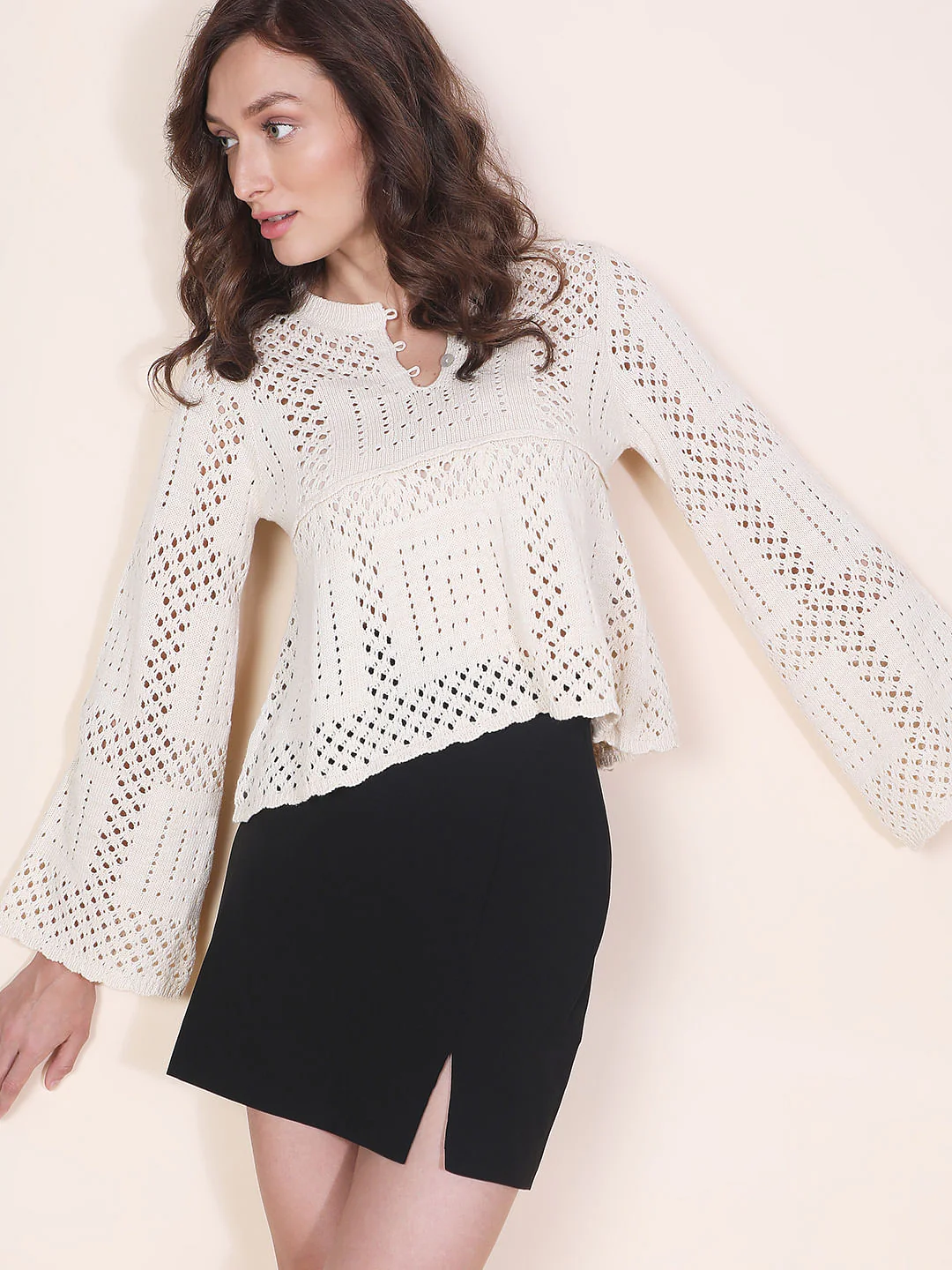 Beige Crochet Peplum Pullover