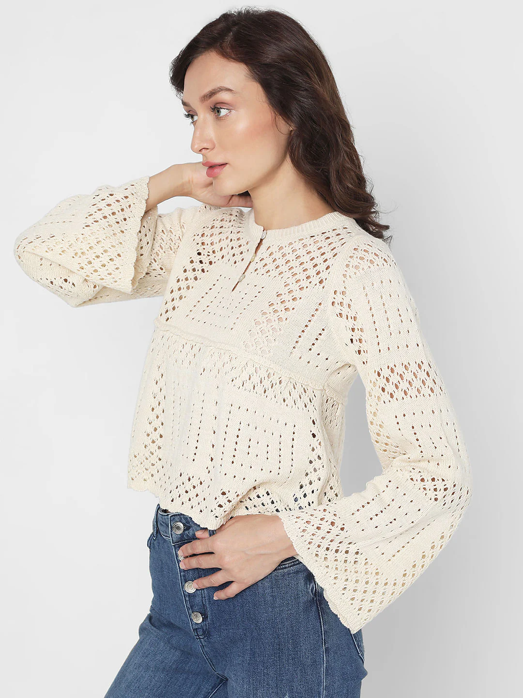 Beige Crochet Peplum Pullover - Image 3