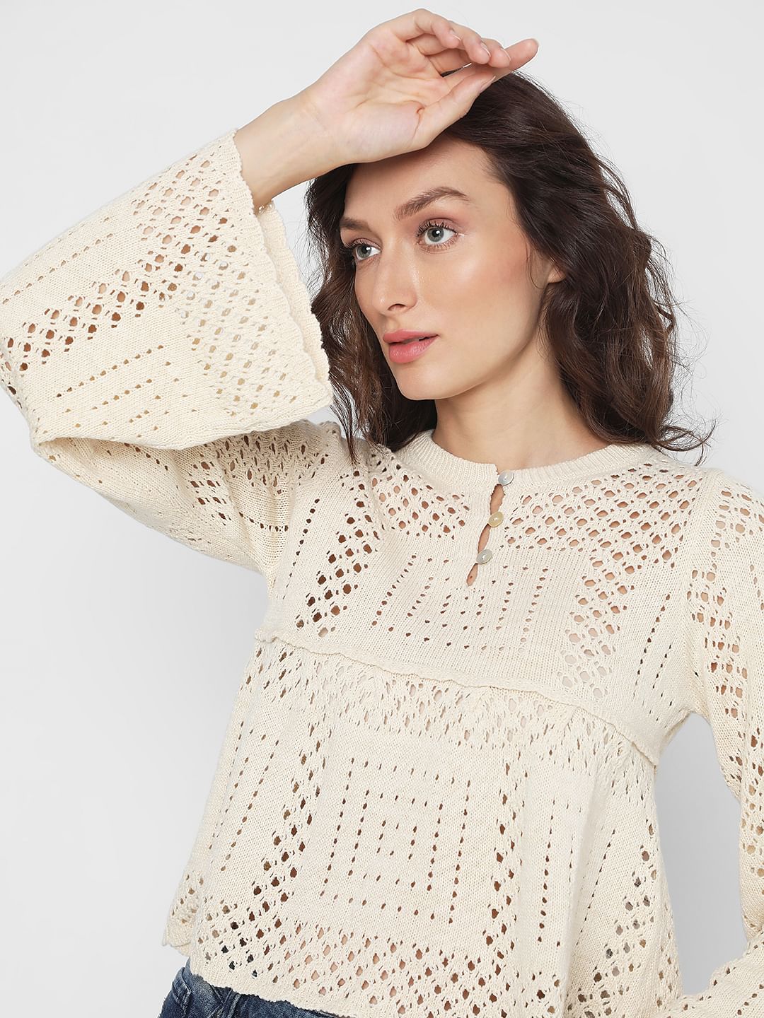 Beige Crochet Peplum Pullover - Image 8