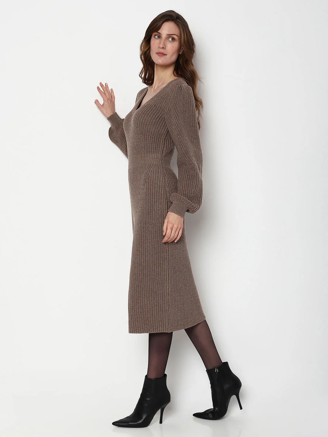 Brown Knitted Bodycon Dress - Image 3
