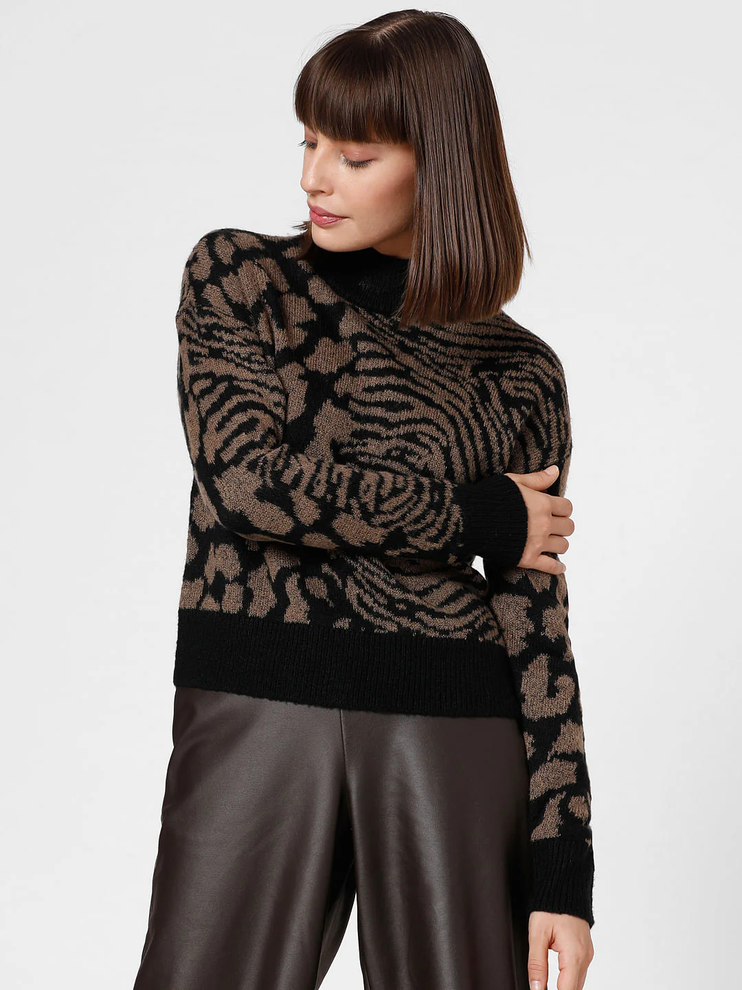 Black Animal Print High Neck Pullover - Image 2