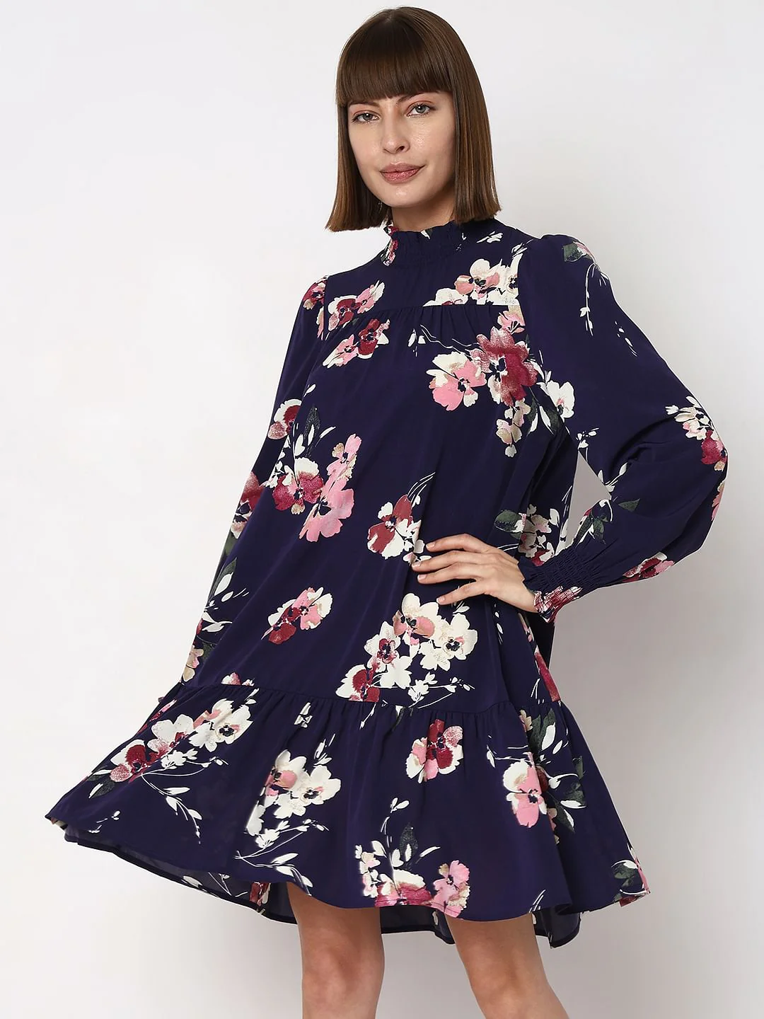 Dark Blue Floral Print Shift Dress - Image 2
