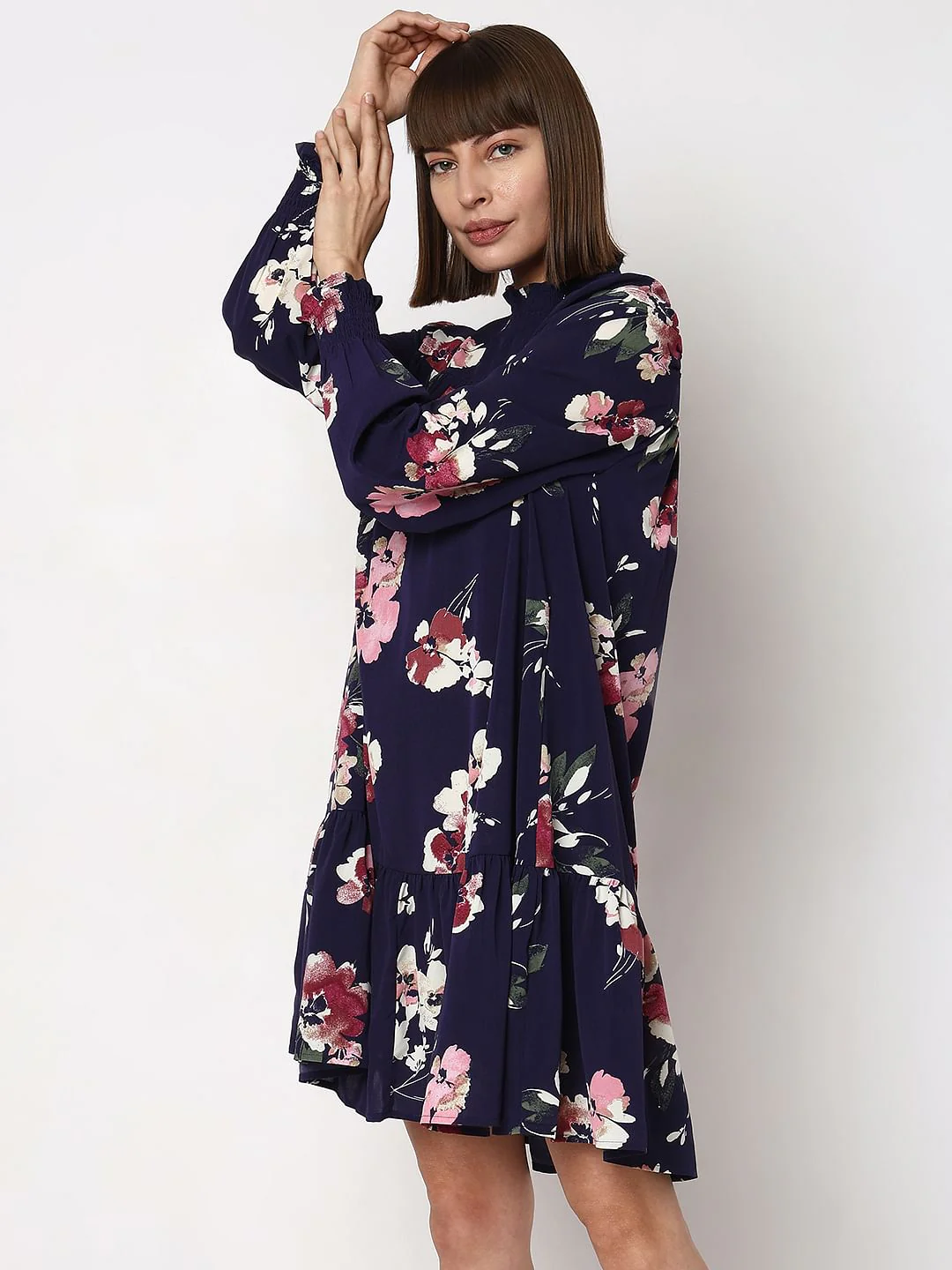 Dark Blue Floral Print Shift Dress - Image 3