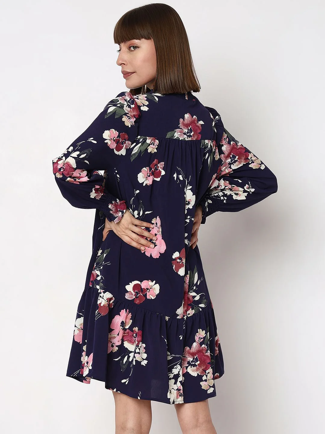 Dark Blue Floral Print Shift Dress - Image 4