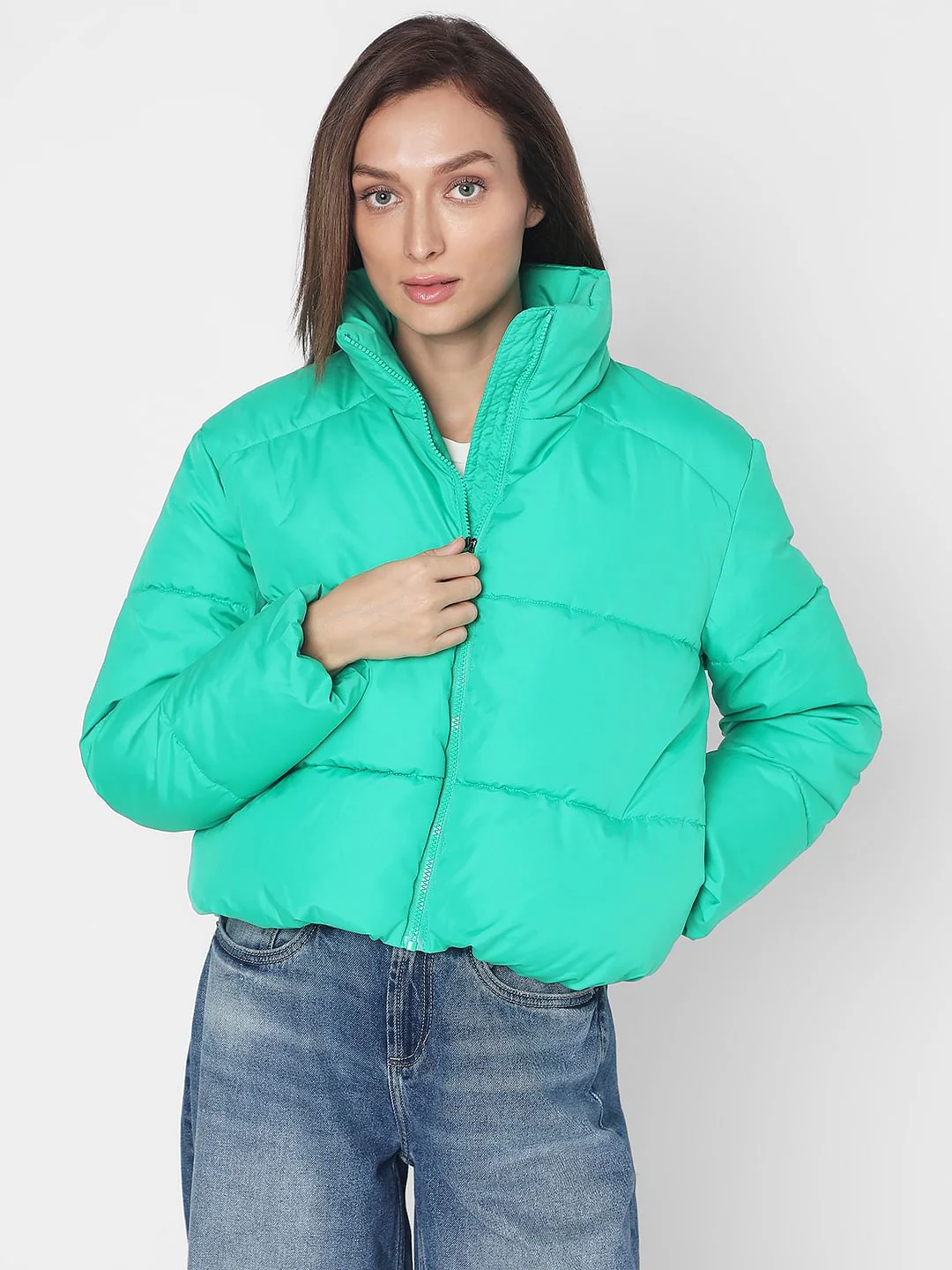 Green High Neck Puffer Jacket - Image 2