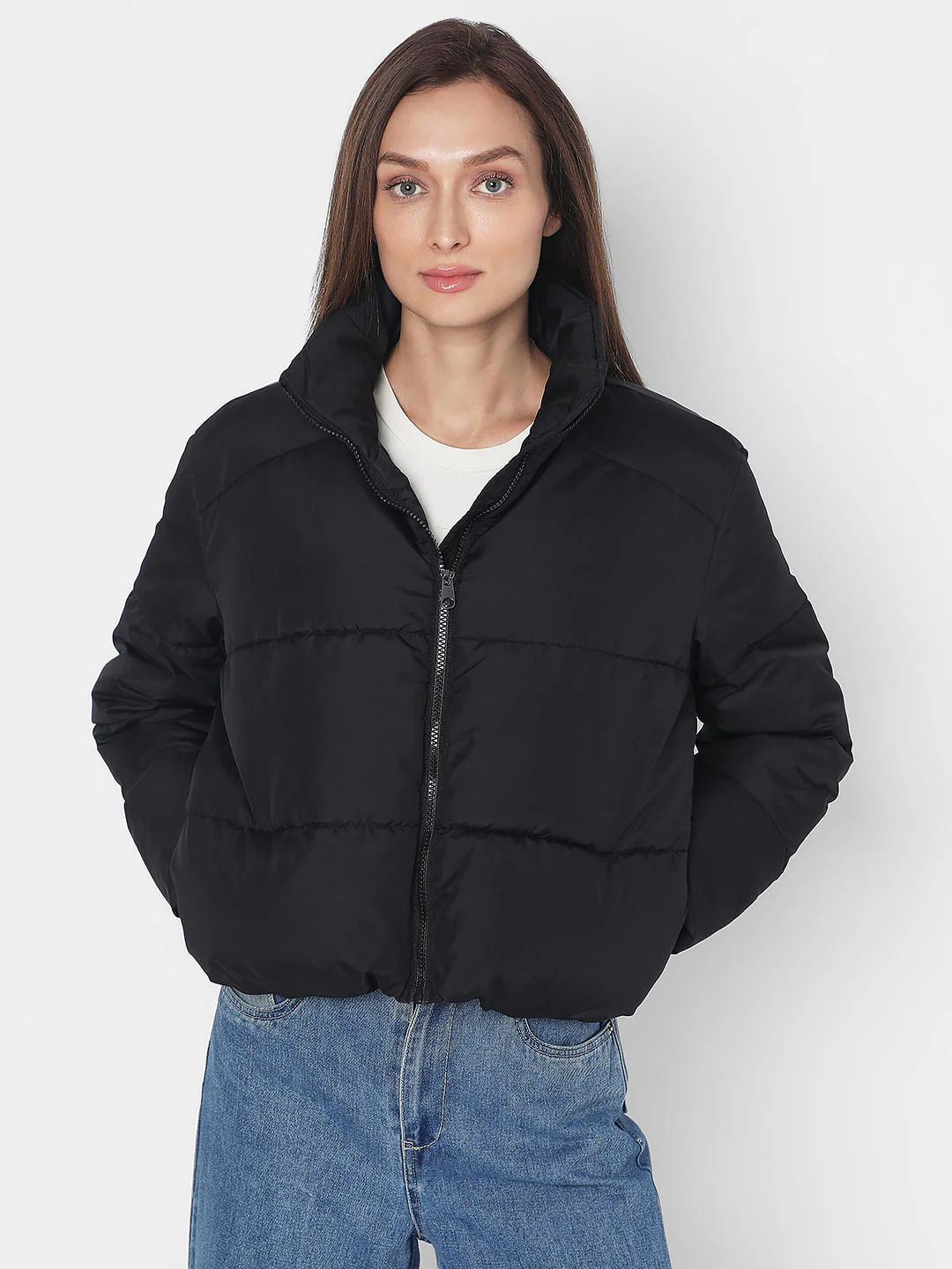 Black High Neck Puffer Jacket - Image 2