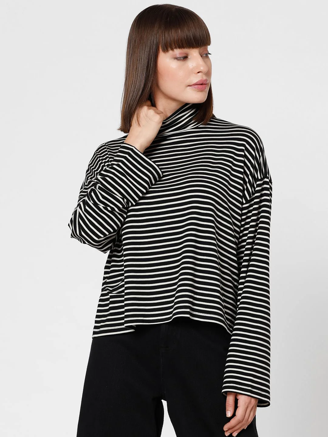 Black Striped Roll Neck Top - Image 2