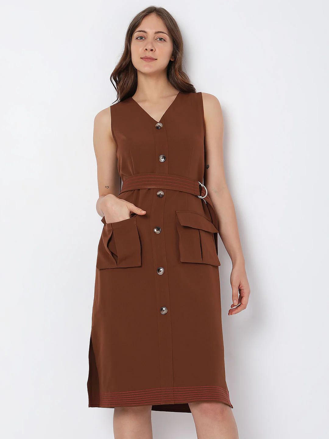 Brown V-Neck Midi Dress - Image 2