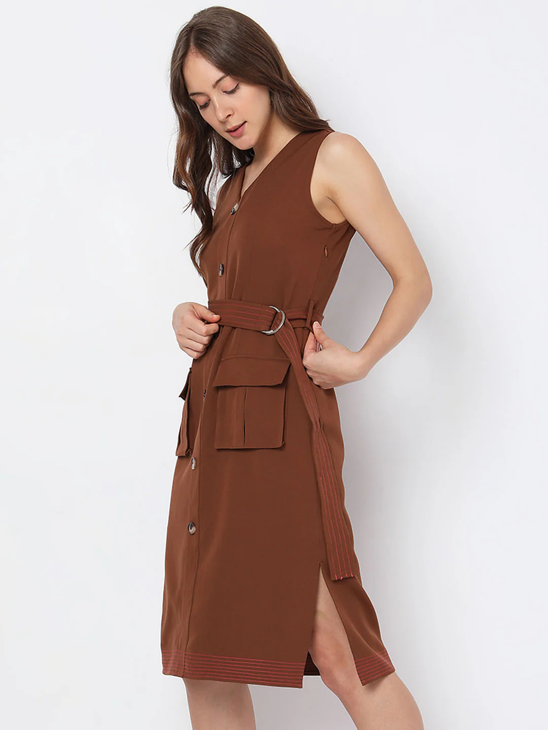 Brown V-Neck Midi Dress - Image 3