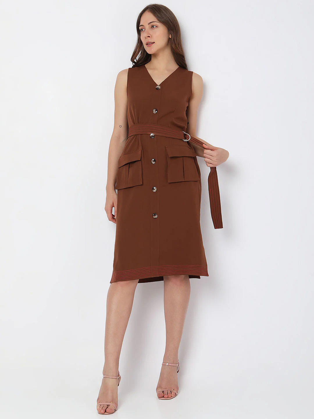 Brown V-Neck Midi Dress - Image 5