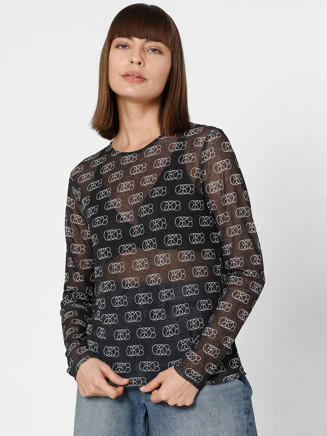 Black Abstract Print Sheer Top - Image 2