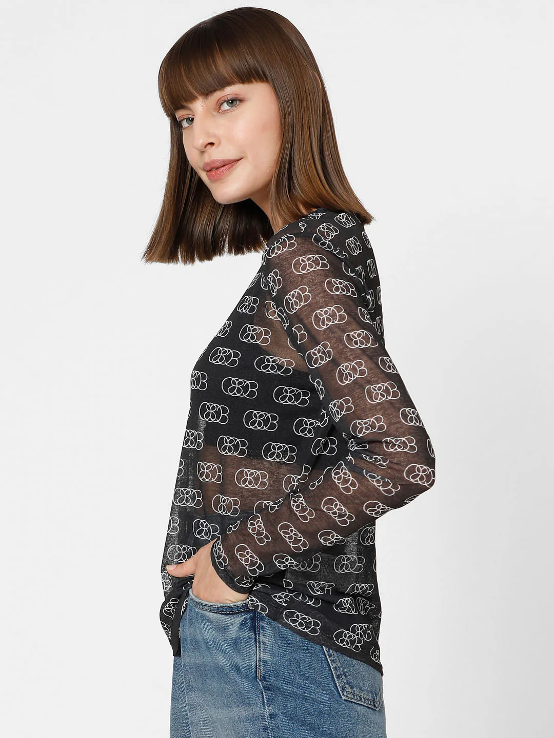 Black Abstract Print Sheer Top - Image 3