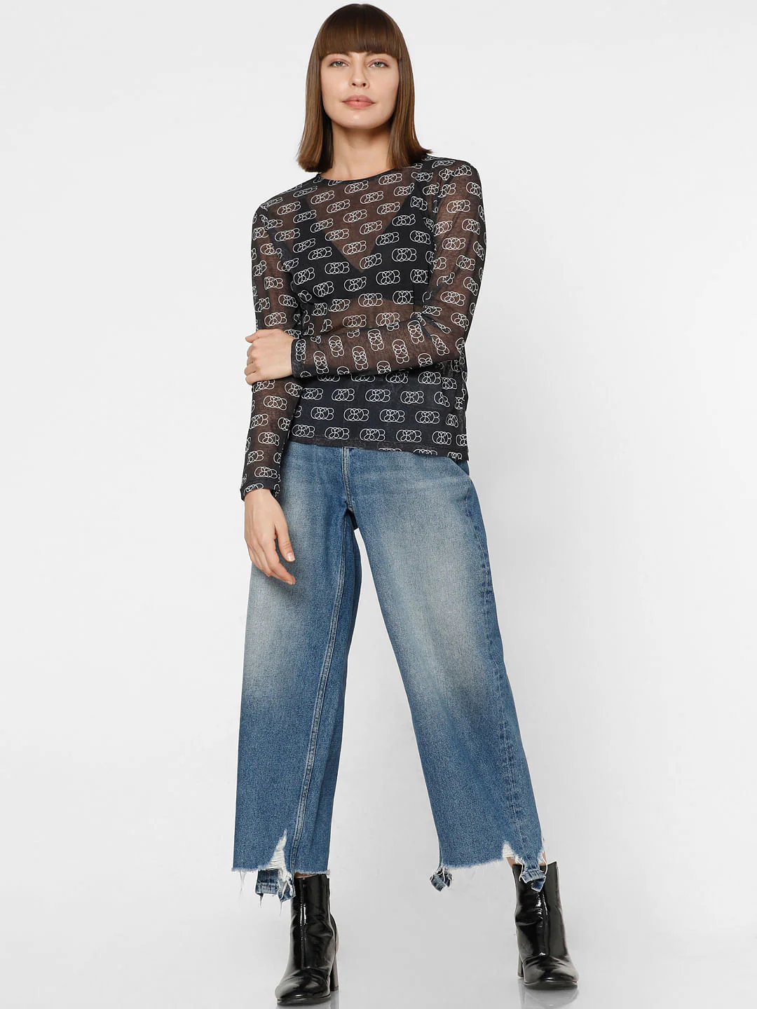 Black Abstract Print Sheer Top - Image 5