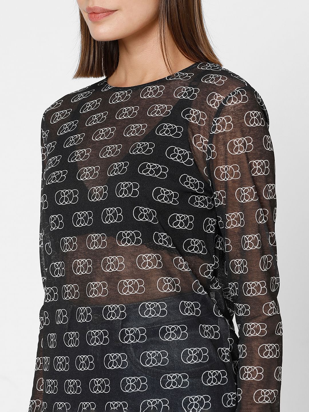 Black Abstract Print Sheer Top - Image 8