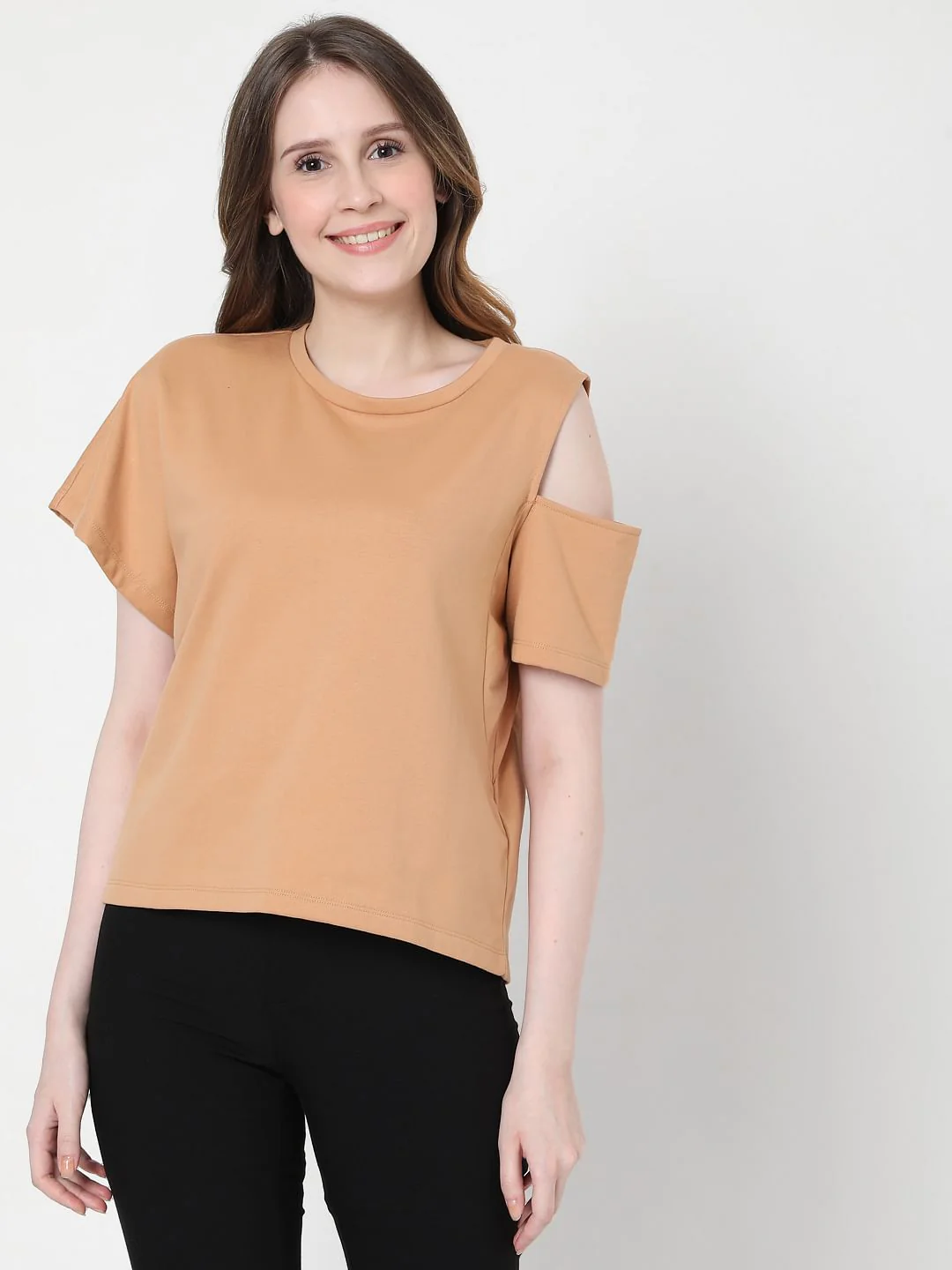 Light Brown Asymmertic Sleeves T-Shirt - Image 2