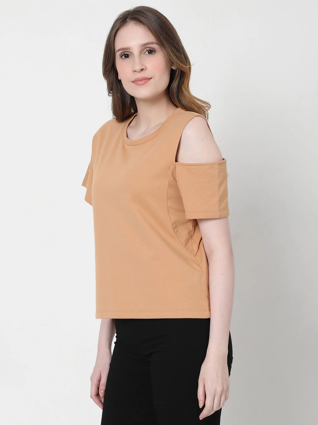 Light Brown Asymmertic Sleeves T-Shirt - Image 3
