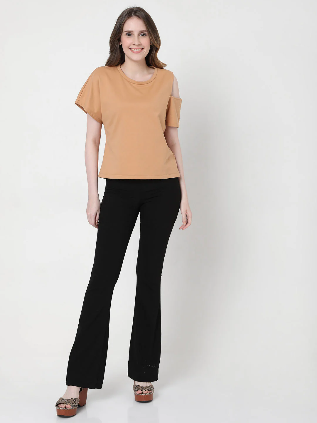 Light Brown Asymmertic Sleeves T-Shirt - Image 5