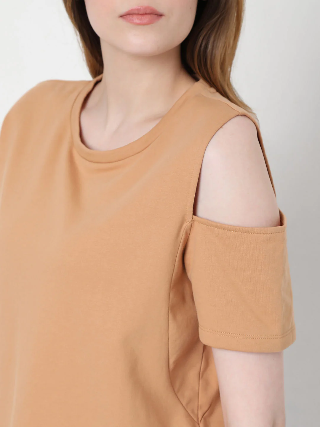 Light Brown Asymmertic Sleeves T-Shirt - Image 6