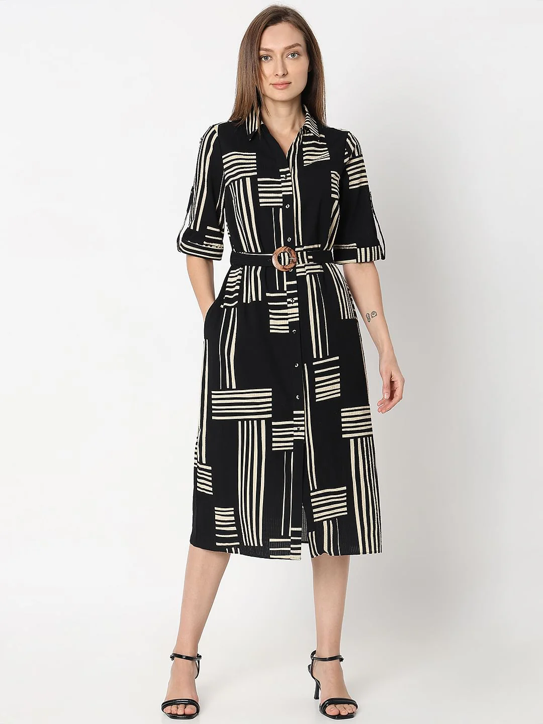 Black Printed Midi Shirt Dress - Image 2