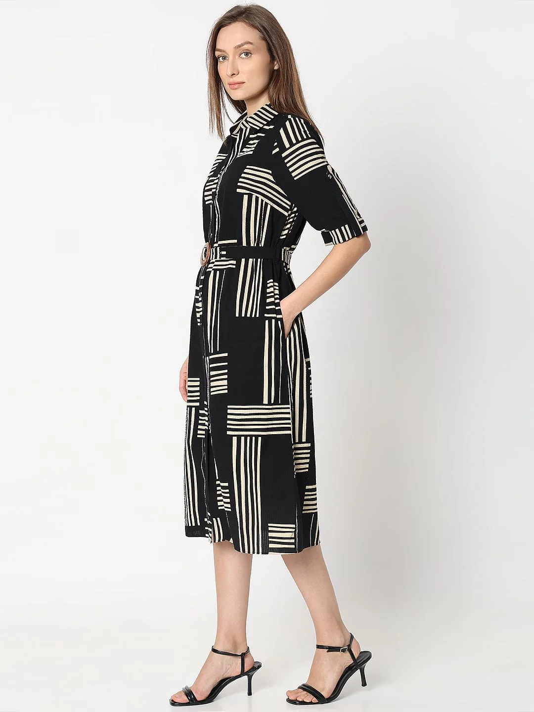 Black Printed Midi Shirt Dress - Image 3