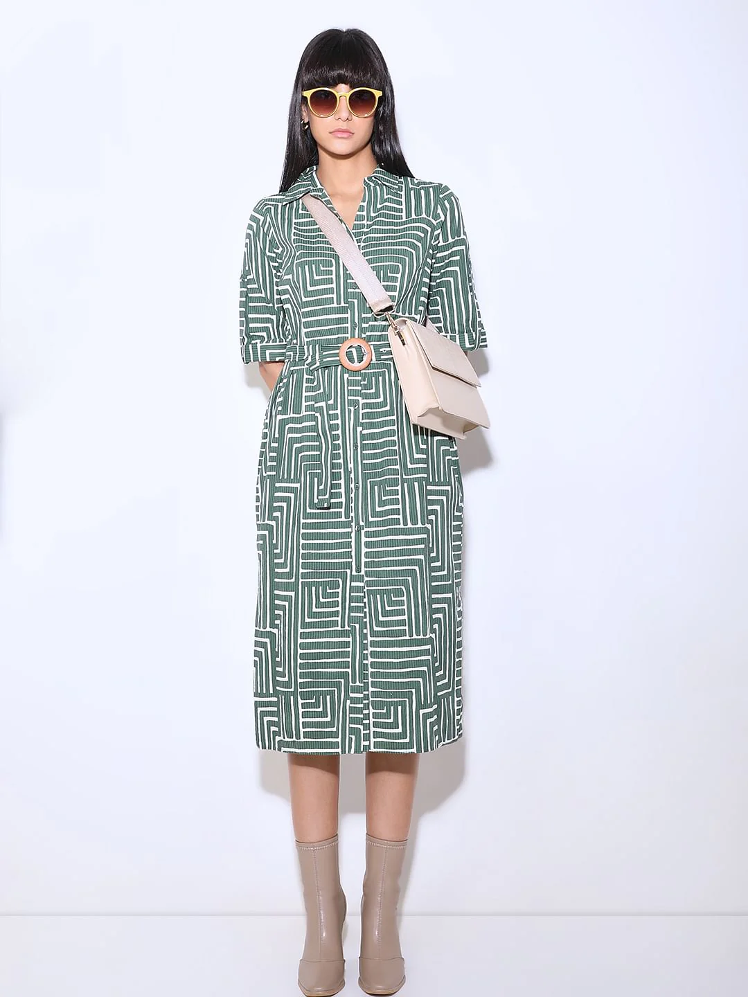 Green Geometric Print Shirt Dress