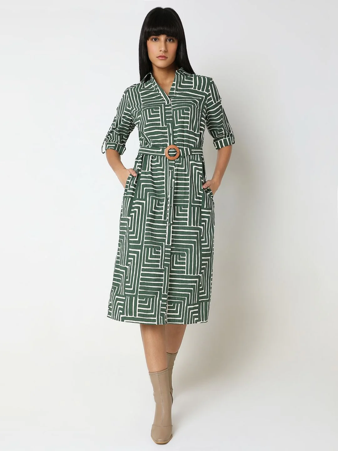Green Geometric Print Shirt Dress - Image 2