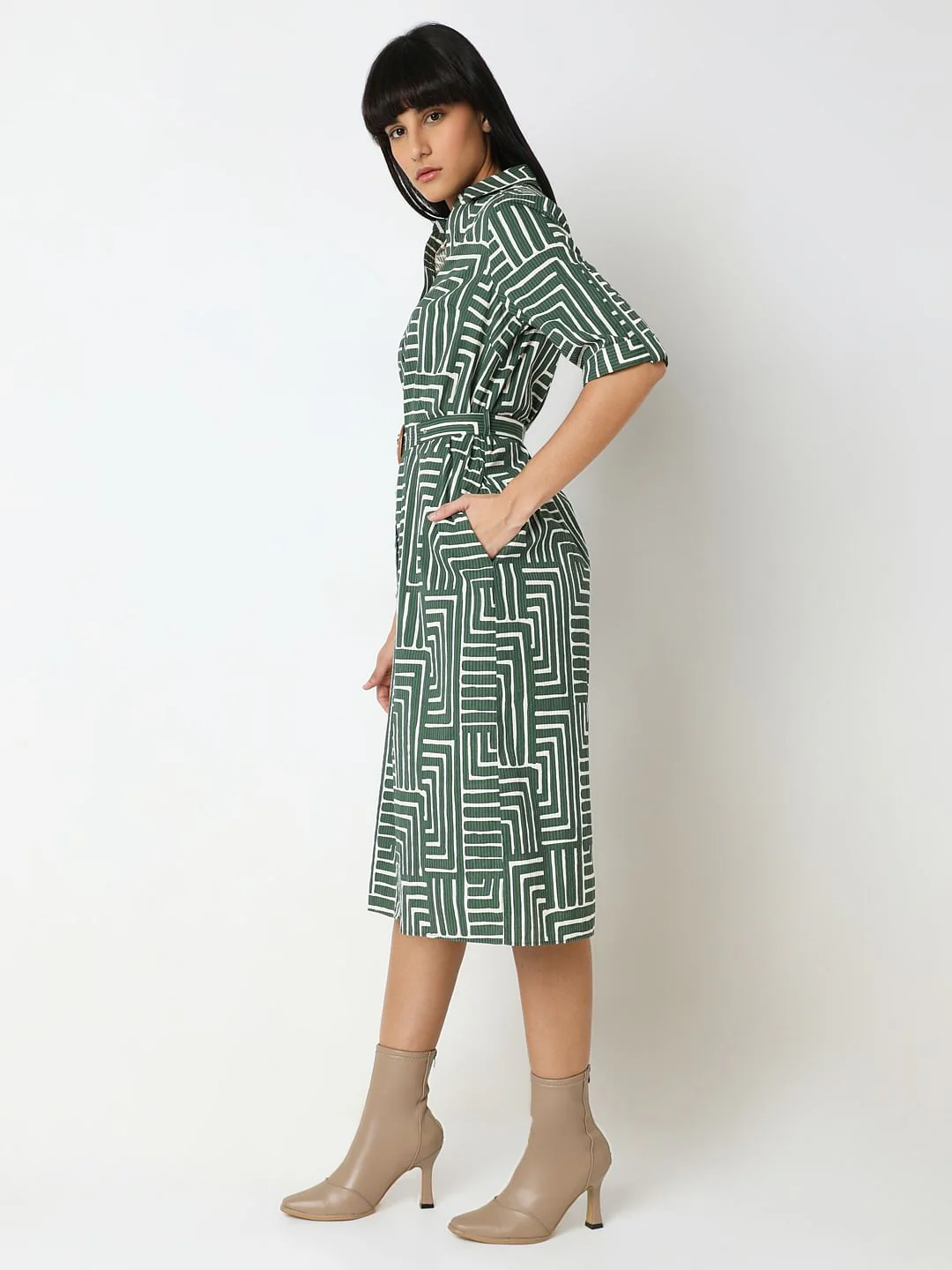 Green Geometric Print Shirt Dress - Image 3