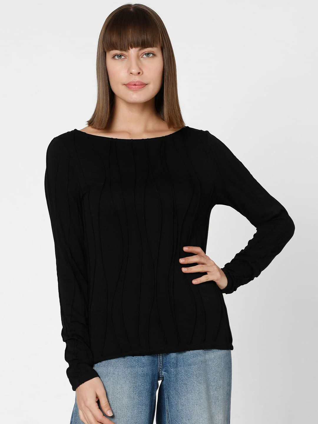 Black Textured Boatneck Top - Image 2