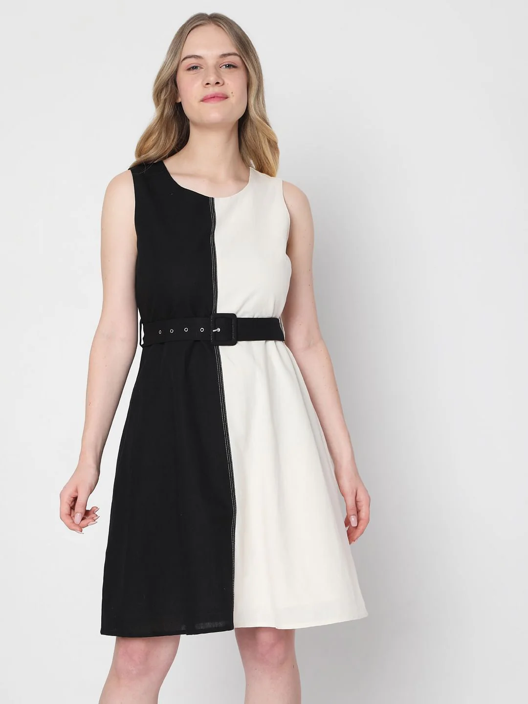 White Colourblocked Fit & Flare Dress - Image 2