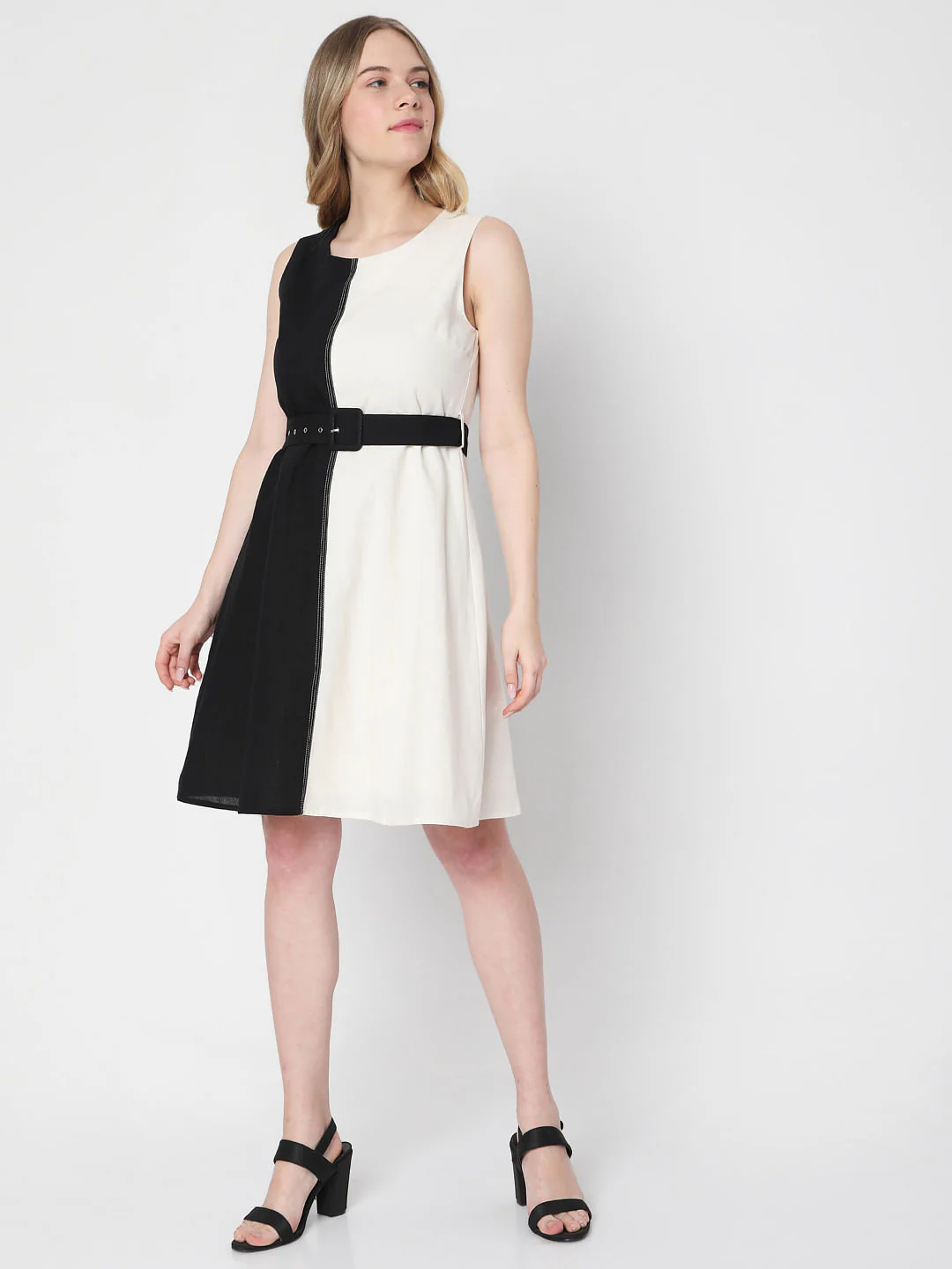 White Colourblocked Fit & Flare Dress - Image 5