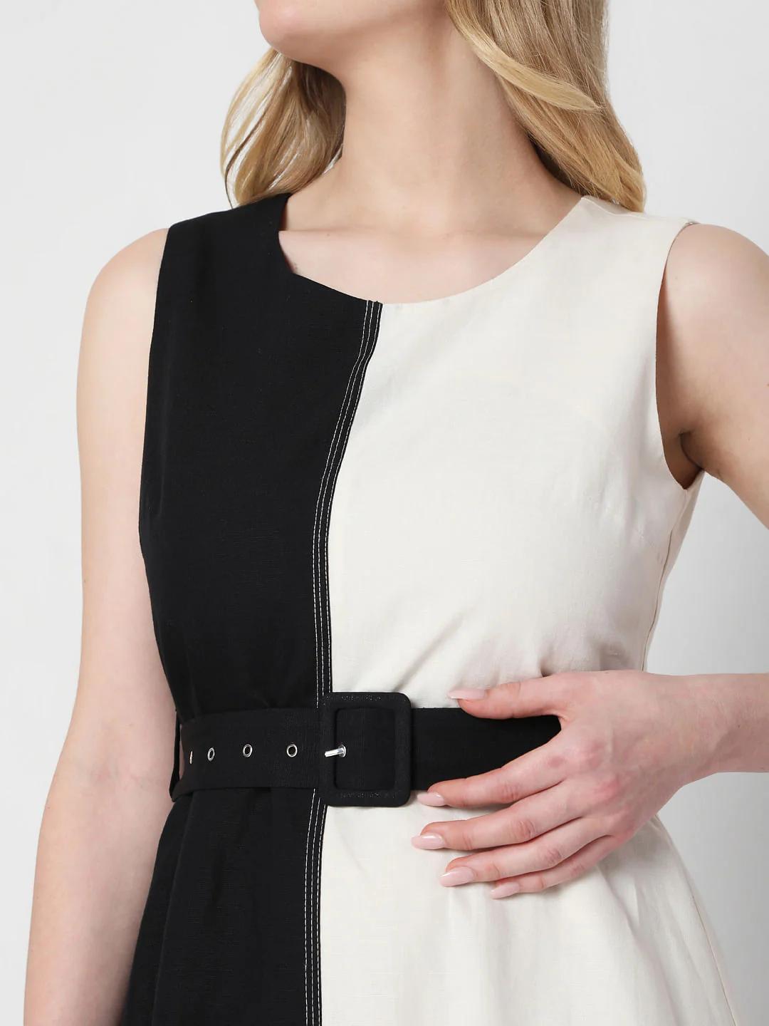 White Colourblocked Fit & Flare Dress - Image 6