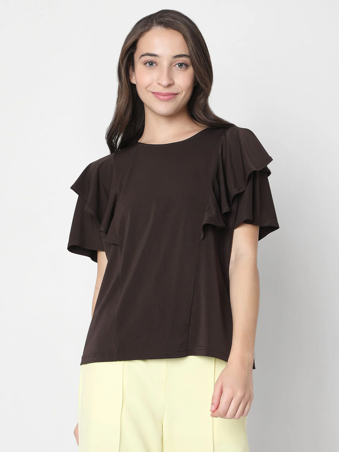 Brown Ruffle Sleeves Plain Top - Image 2