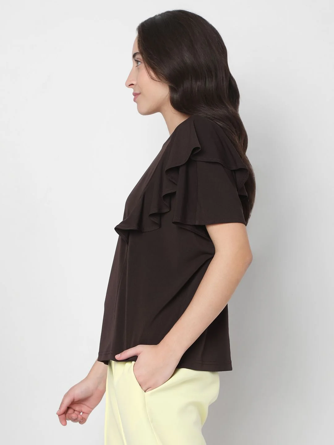 Brown Ruffle Sleeves Plain Top - Image 3