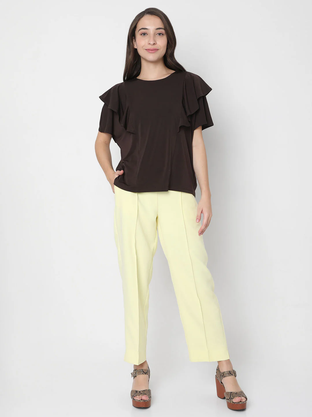 Brown Ruffle Sleeves Plain Top - Image 5