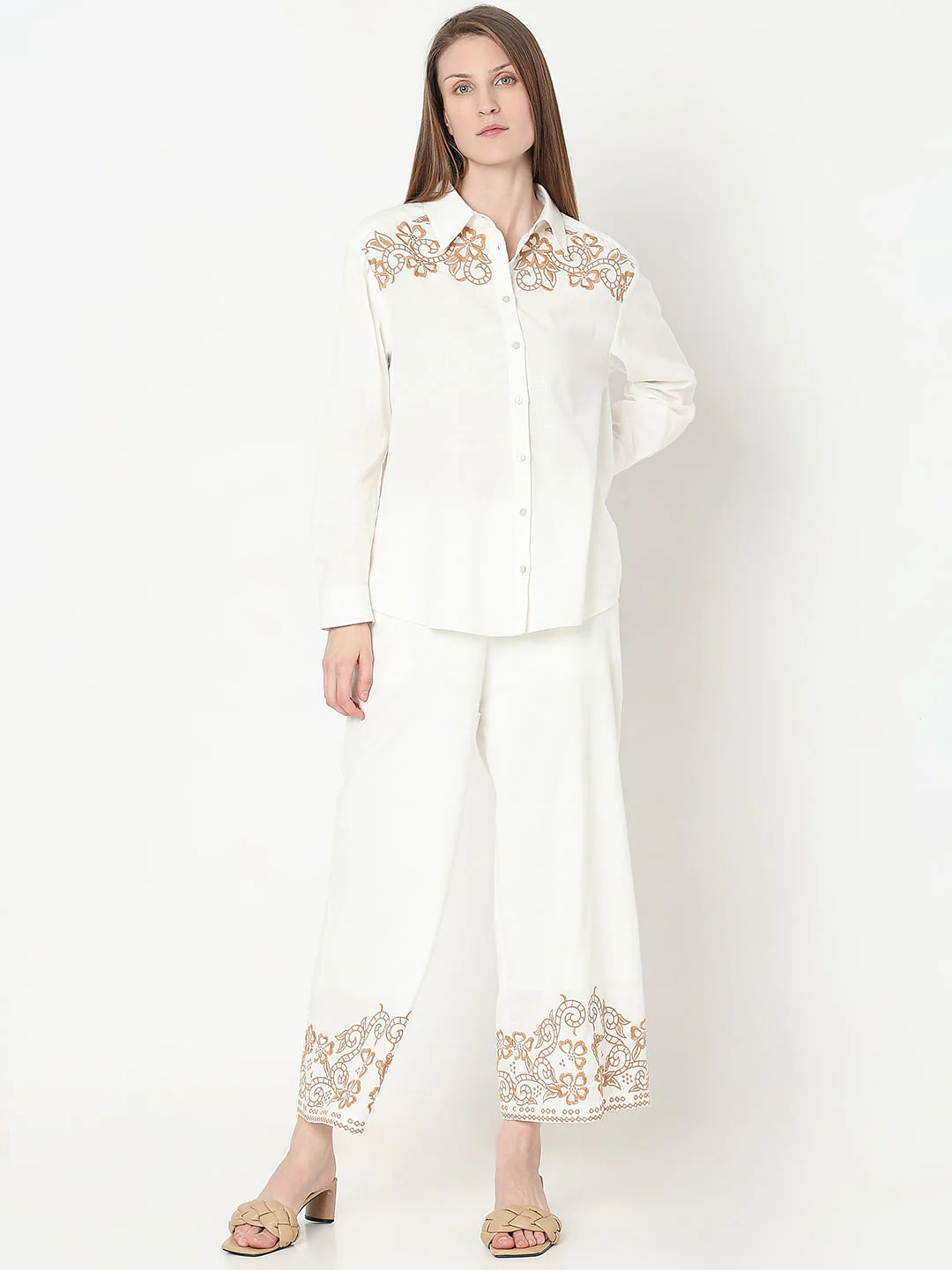 White Embroidered Co-Ord Set Shirt - Image 5